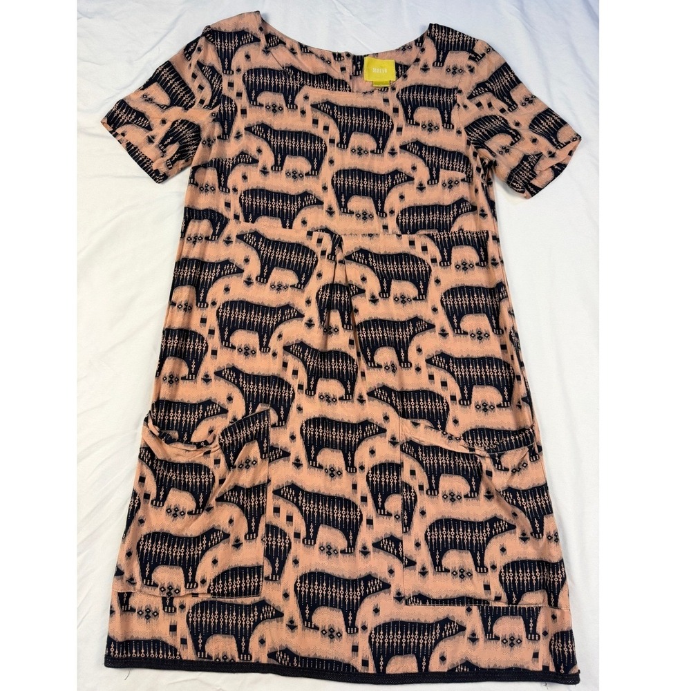 Maeve Anthropologie Polar Bear Print Shift Dress Peach Black Size 0